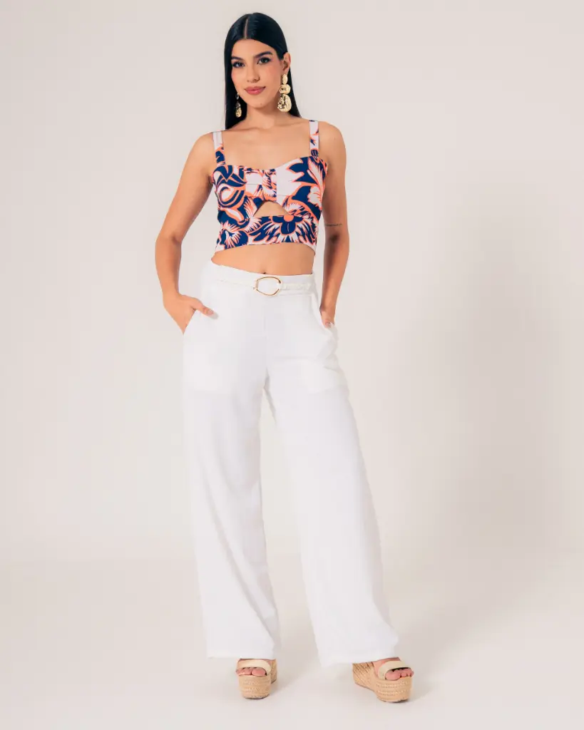 Pantalón palazo con herraje blanco (10707147)