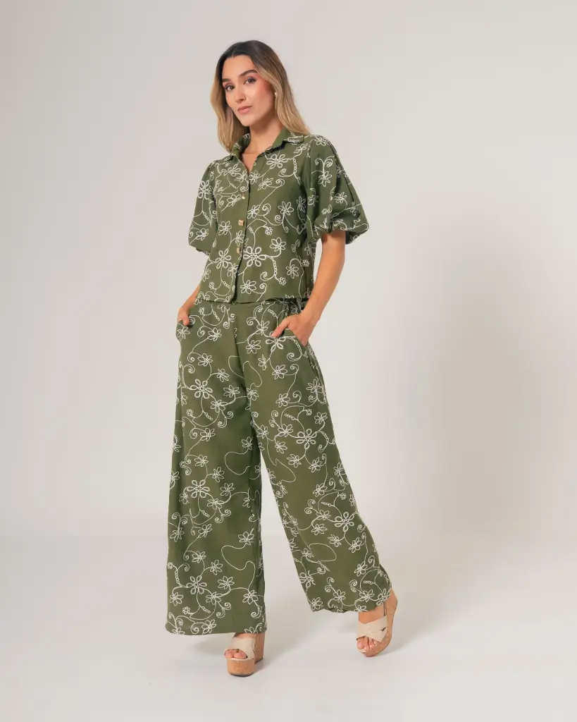 Pantalòn palazzo, tiro alto verde oliva (4296432)