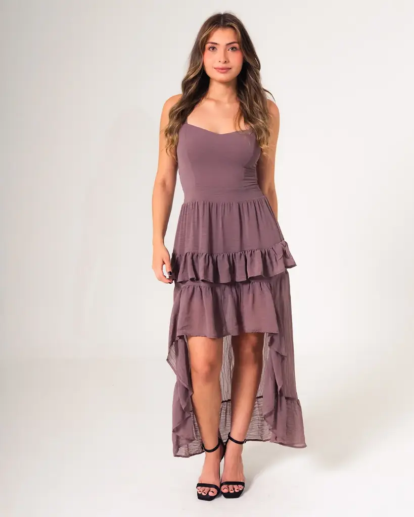 Vestido largo de tirantes, falda en tiempos con boleros chocolate (S11406)