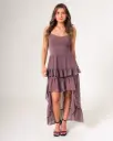 Vestido largo de tirantes, falda en tiempos con boleros chocolate (S11406)