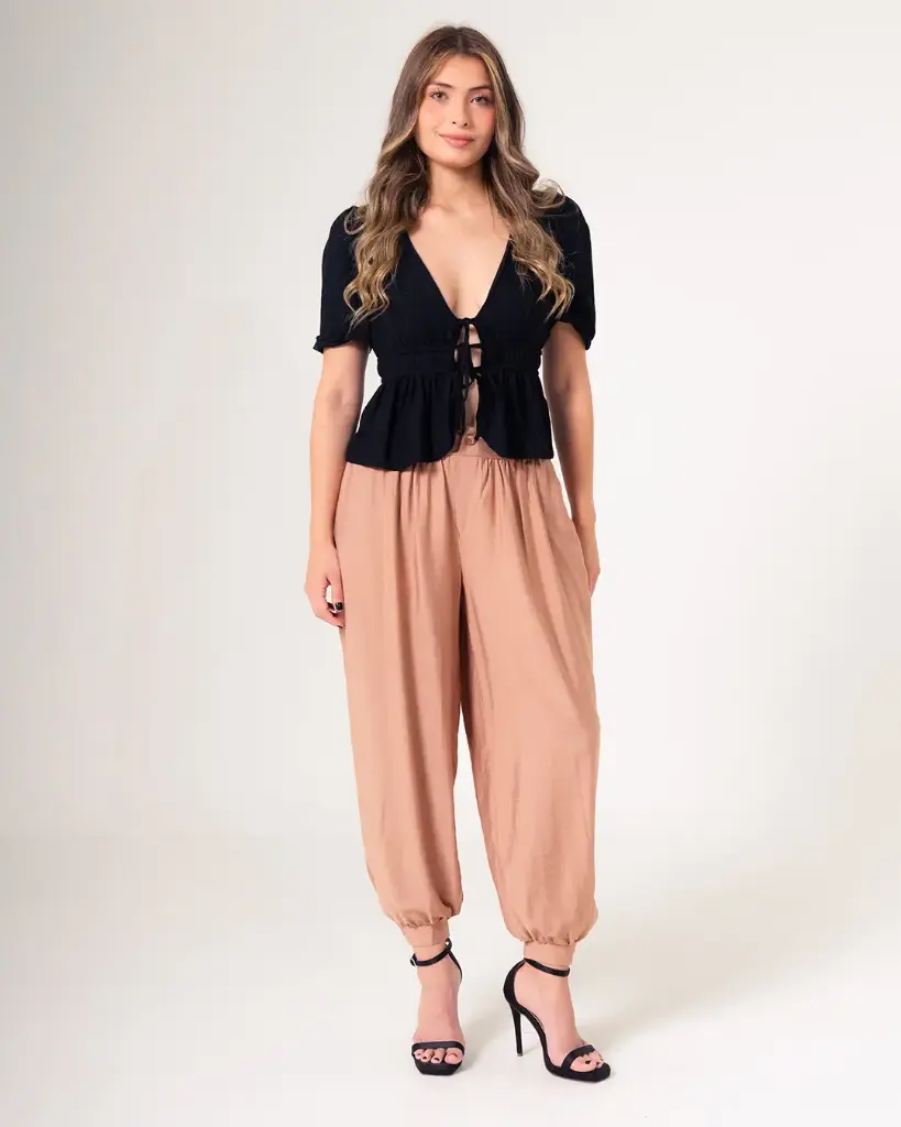 Pantalón tipo aladin tiro alto y bota ajustada chocolate (S11653)