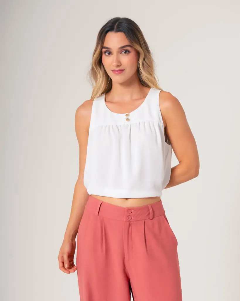 Blusa sisa con escote fruncido y ajuste inferior beige (S11618)