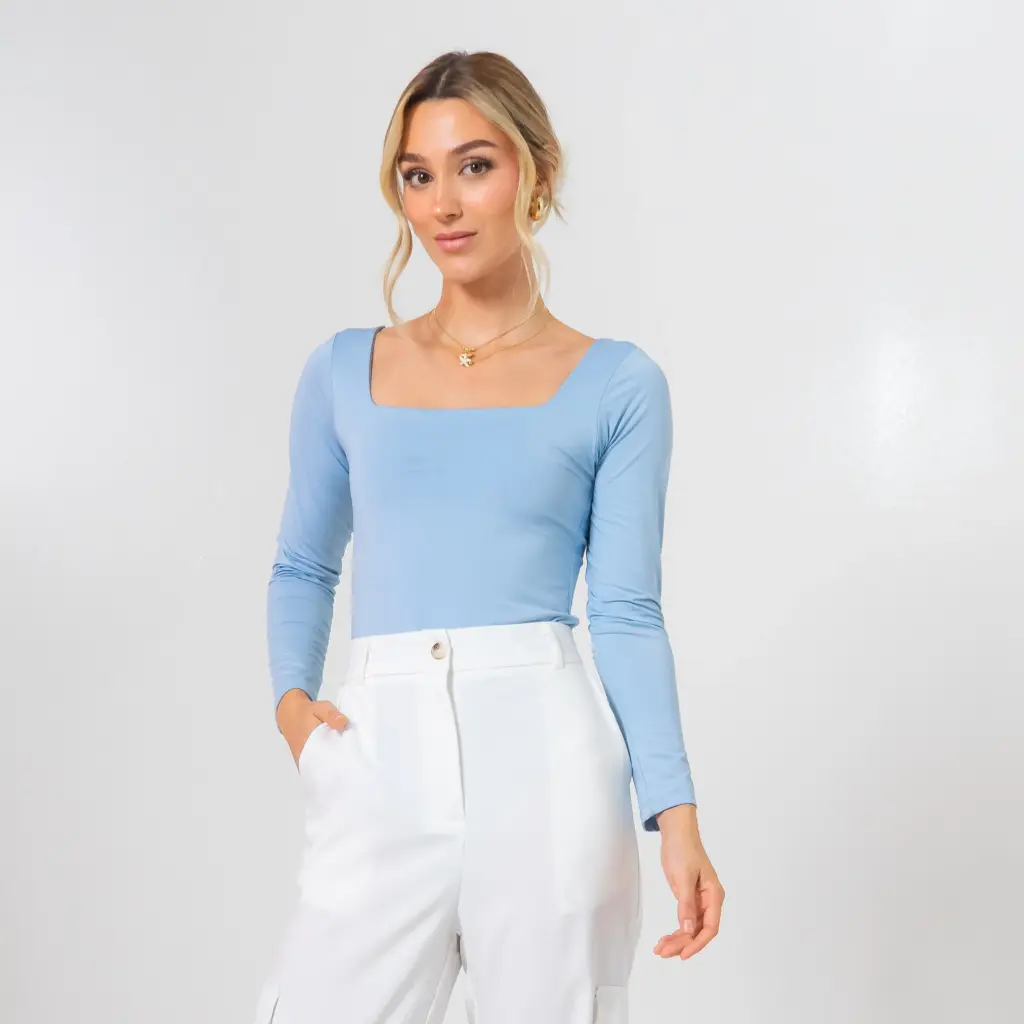 Body manga larga escote cuadrado azul (1374)