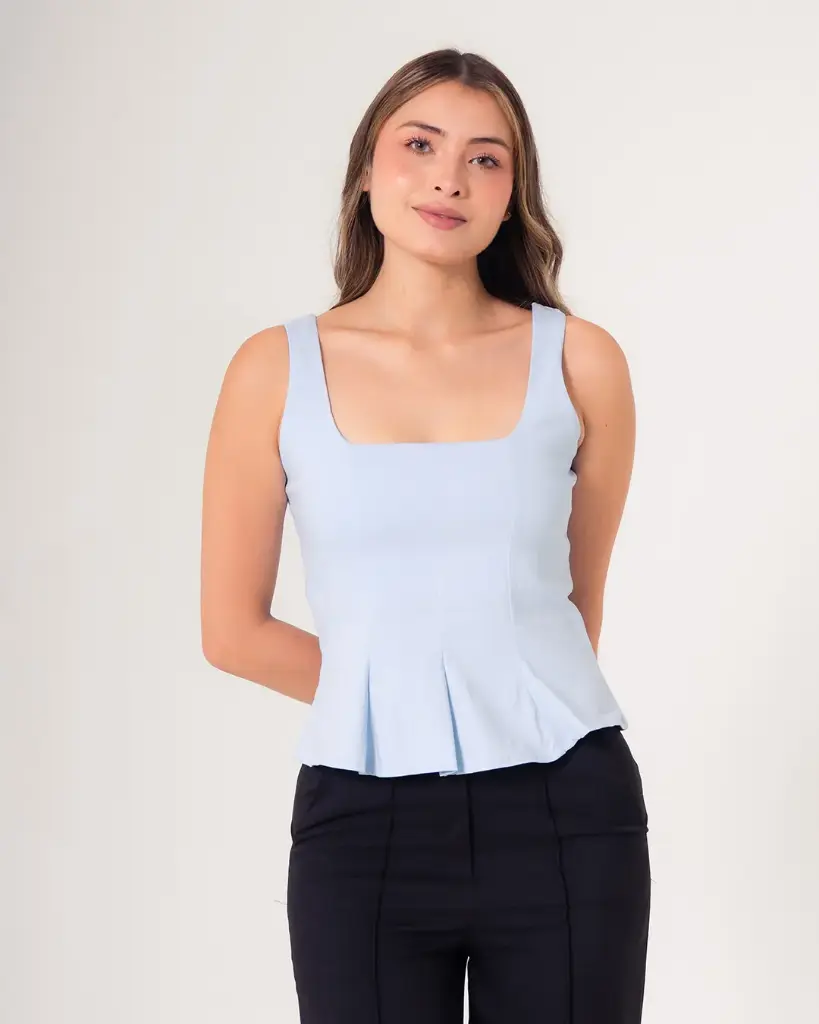 Blusa escote cuadrado con peplum azul medio (2077)