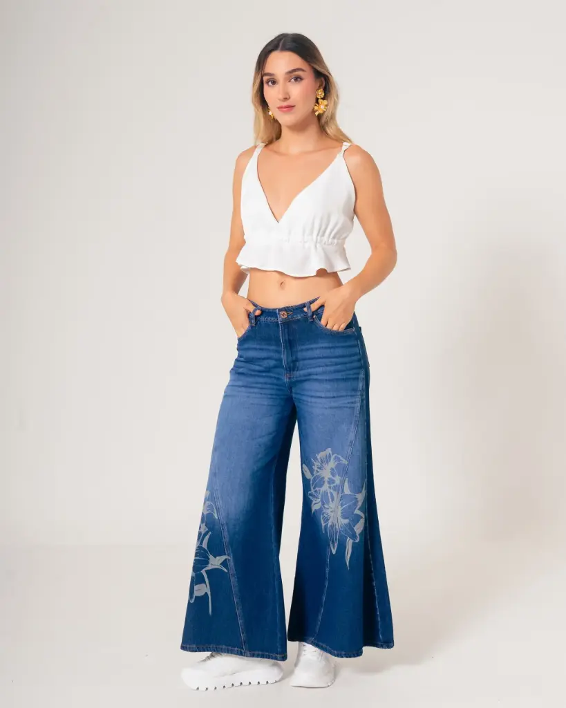 Jean Culote  Estampado Bota Ancha  azul medio (J018)