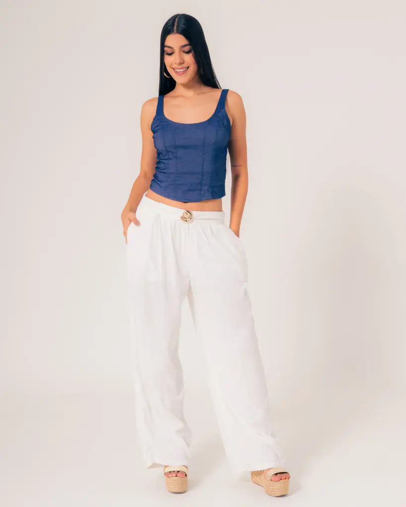 Pantalon bota recta herraje en pretina beige (S11853)