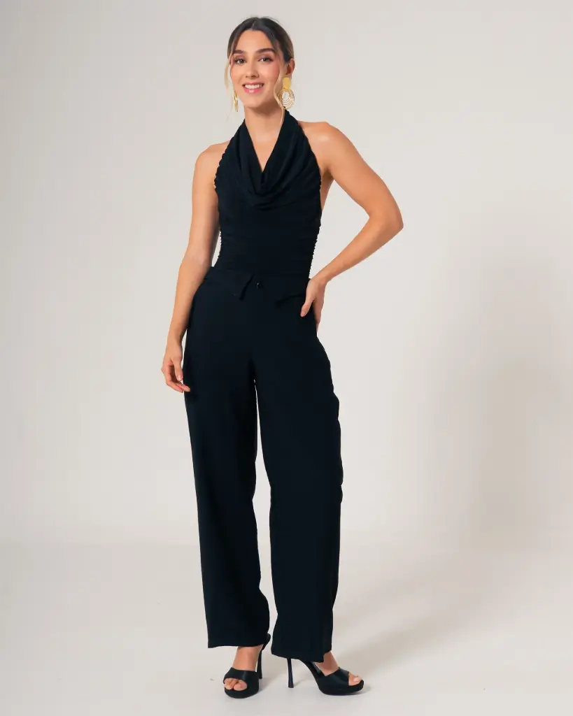 Pantalon bota recta pretina doblada negro (S10974)
