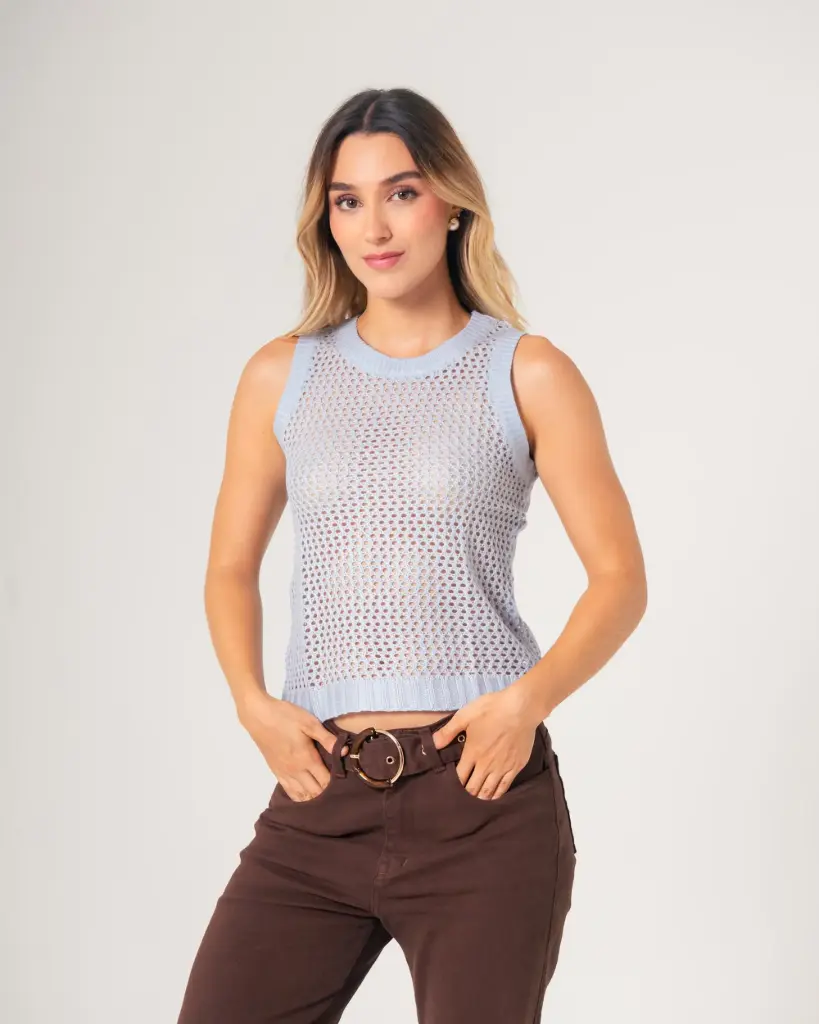 Blusa sisa tejida cuello redondo azul pastel (BL2270)