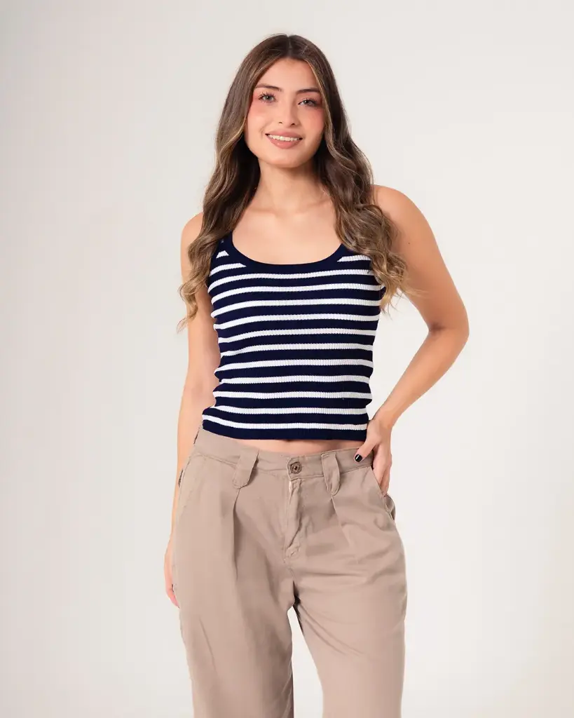 Blusa tejido a rayas sin mangas azul*blanco