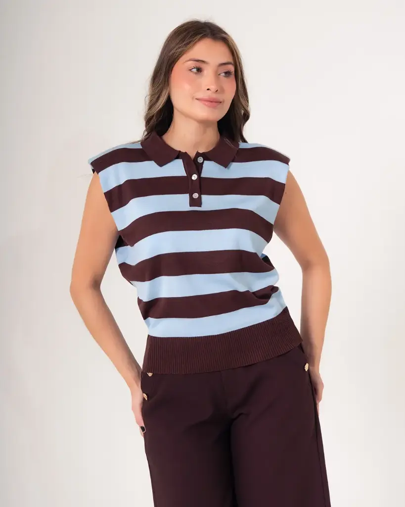 Blusa tipo polo tejido a rayas azul*café