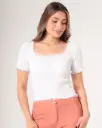 Camisa tejida manga corta con escote cuadrado blanco