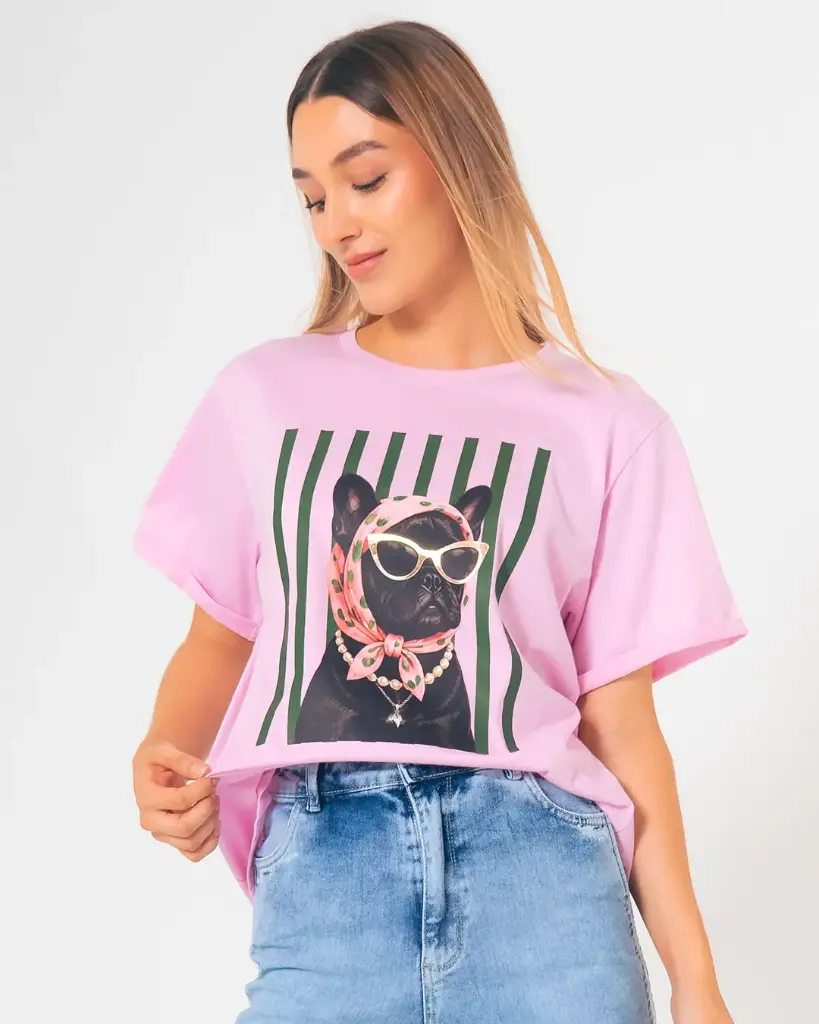 Camiseta rayas con frenchie ROSA