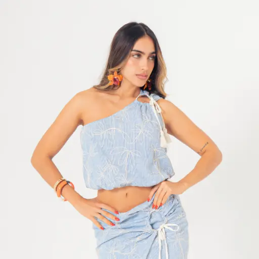 Blusa de un solo hombro,con bordado floral azul claro (4254221)