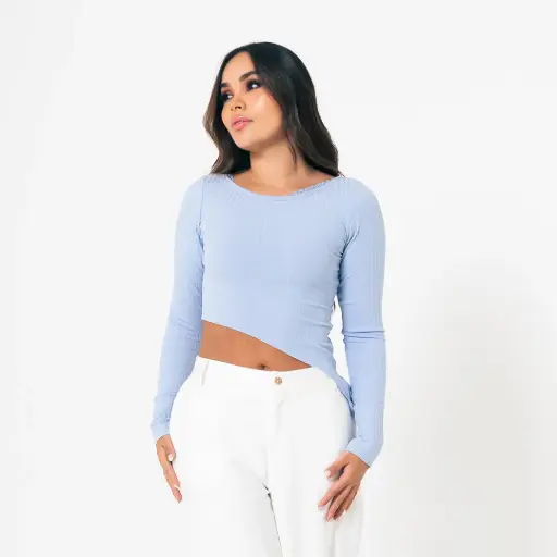 Blusa manga larga asimetrica encaje en escote azul 