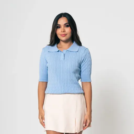 Blusa Tejida Cuello Polo celeste