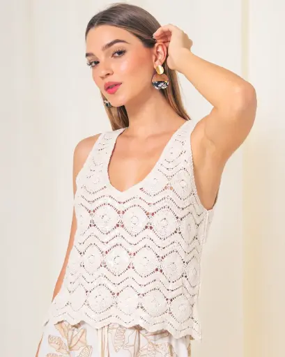 [R262178] Top Tejido Calado beige