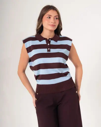 Blusa tipo polo tejido a rayas azul*café